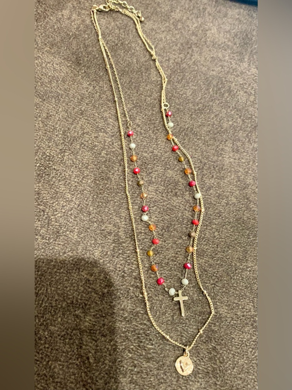 Layered Gold Necklace with Multicolor Beads and Cross Pendant